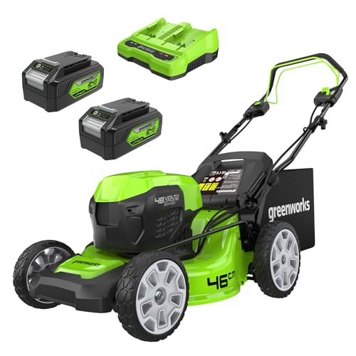 Greenworks 48V (2x24V) Selbstfahrender Akku Rasenmäher für große Flächen bis zu 480m², 46cm Schnittbreite, 55L Sack PLUS zwei 4Ah-Akkus und Doppelladegerät GD24X2LM46SPK4X